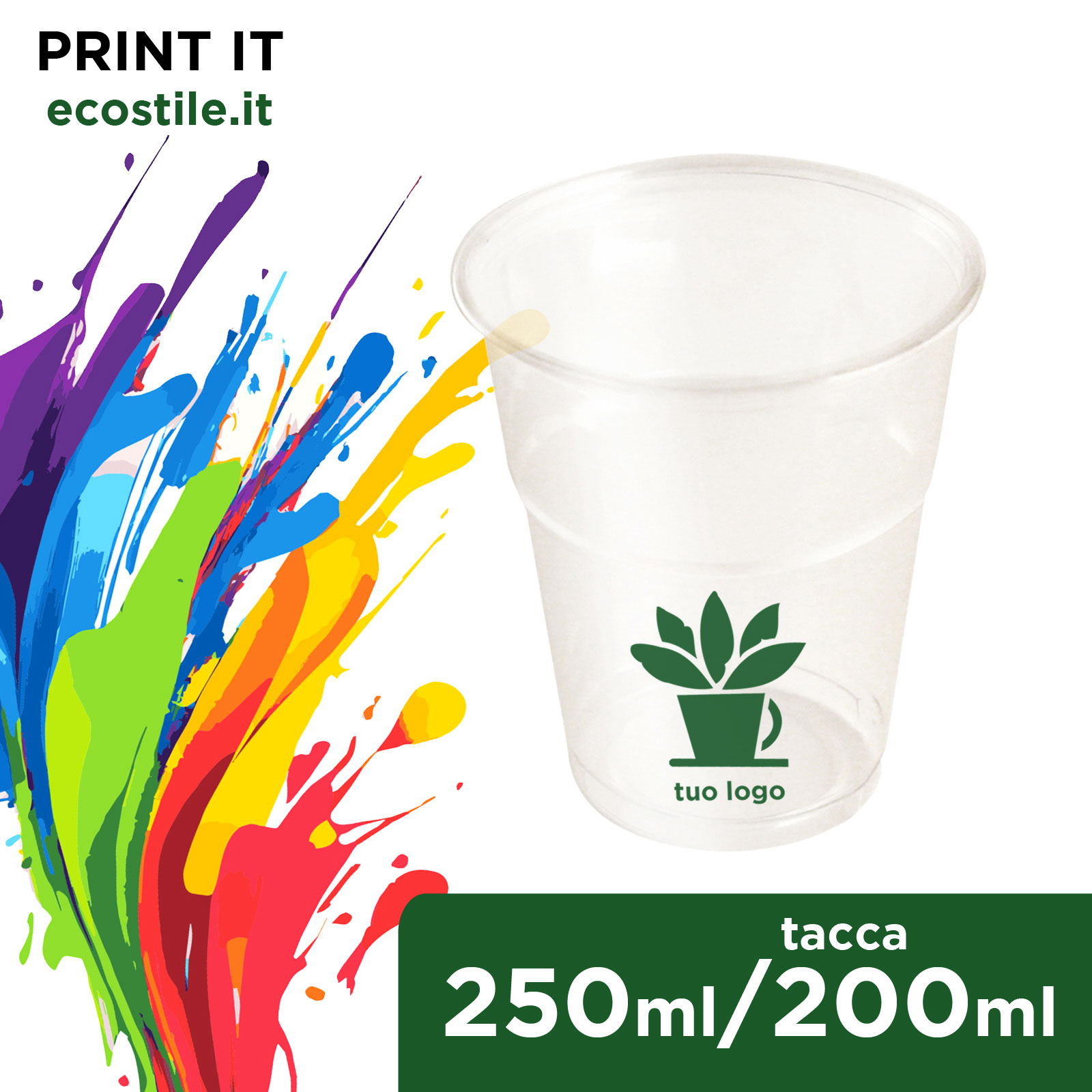 Bicchieri Biodegradabili Compostabili Personalizzati - tacca 200 cc  -1250pz. - Ecostile