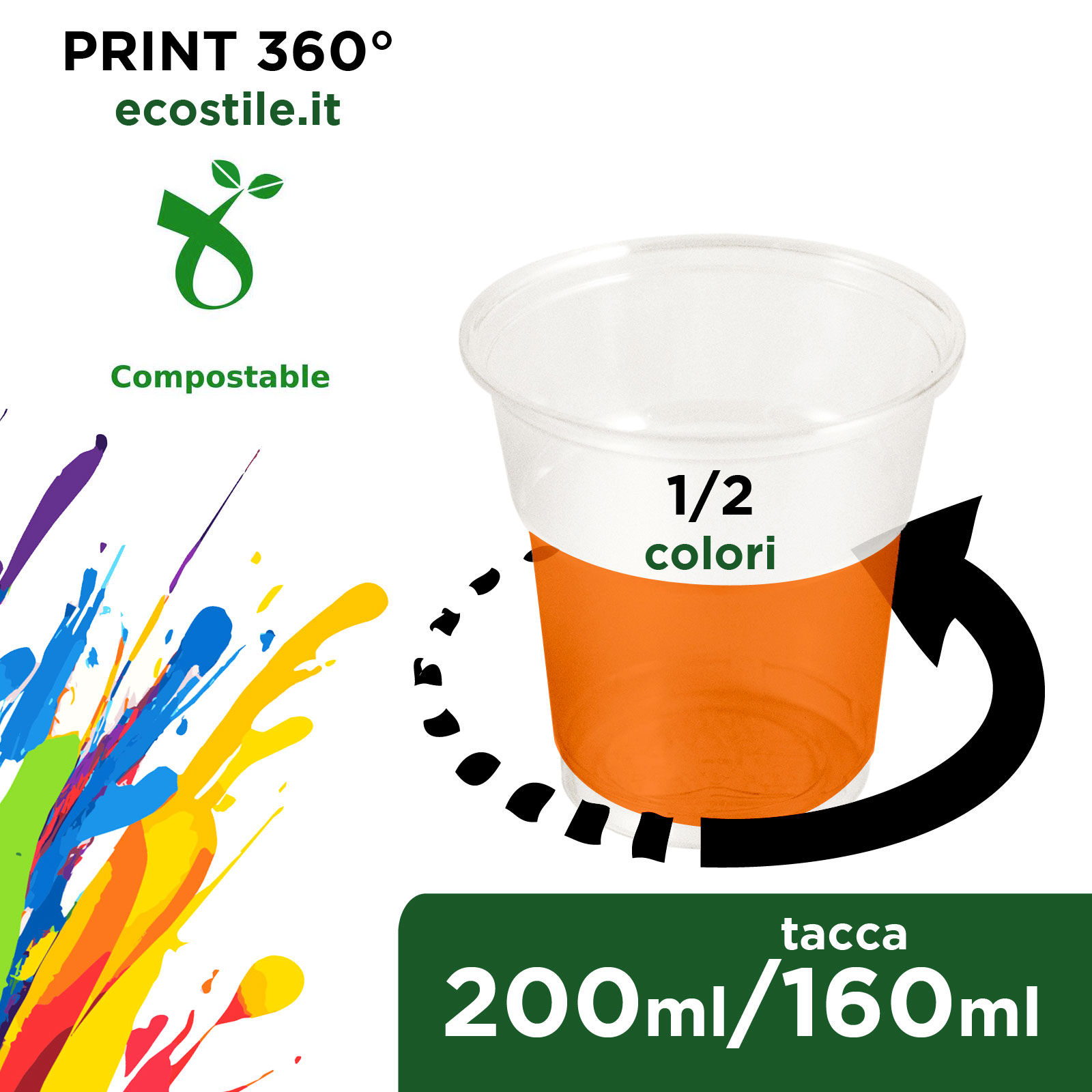 Bicchieri Biodegradabili - 200ml Stampa all over 1/2 colori - Ecostile