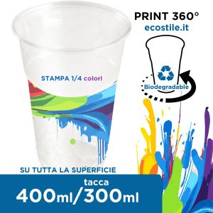 Bicchieri PET Trasparenti 400ml Personalizzati 360° 1/4 colori