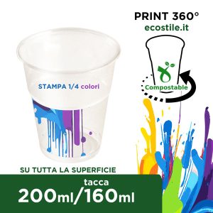 Bicchieri Bio Trasparenti 200ml Personalizzati 360° 1/4 colori
