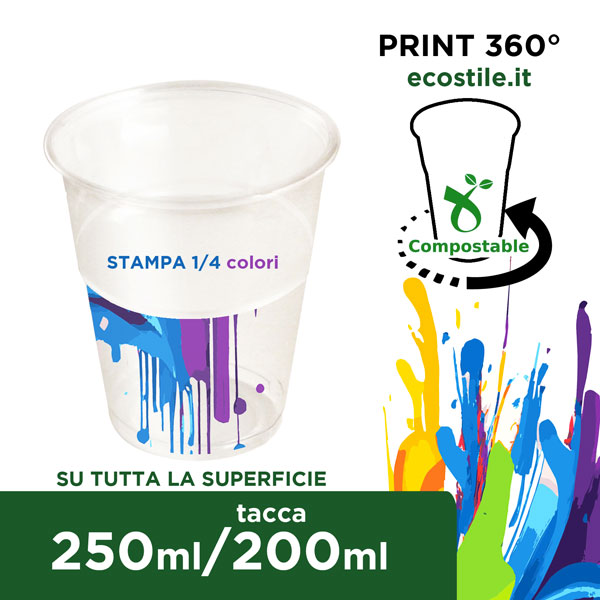 Bicchieri Bio Trasparenti 250ml Personalizzati 360° 1/4 colori