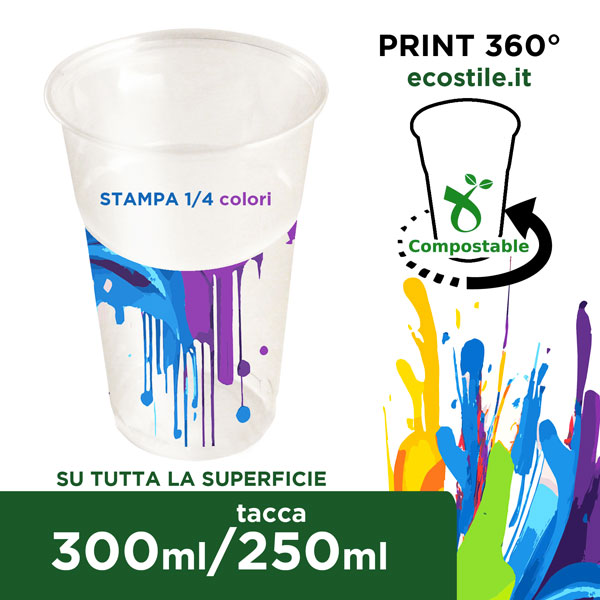 Bicchieri Bio Trasparenti 300ml Personalizzati 360° 1/4 colori