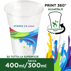 Bicchieri Bio Trasparenti 400ml Personalizzati 360° 1/4 colori