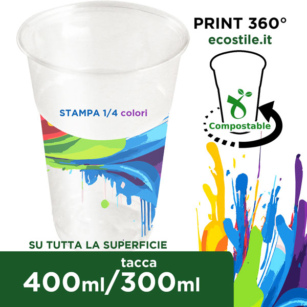 Bicchieri Bio Trasparenti 400ml Personalizzati 360° 1/4 colori